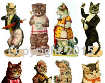 Victorian Cat Images Collage Sheet 103, Digital Scrapbooking, Prints, Instant Digital Download