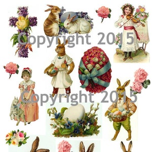 Printable Victorian Easter Collage Sheet.  Instant Digital Download, Easter Eggs, Easter Rabbits, Bunnies, Scrapbook Embellishments