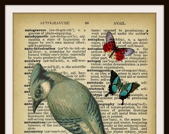 Vintage Art Print "Bird and Butterflies on Ephemera Dictionary Page" Wall Decor Instant Digital Download, Unframed,  JPG and PDF 8 x 10"