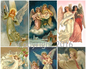 Victoriaanse engel kerstkaart afbeeldingen collage blad, digitale scrapbooking, prints, instant digitale download