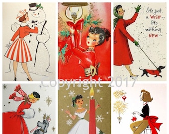 Druckbare Circa 1950 Retro Winter Weihnachtskarte Bilder Collage Sheet. Sofortiger digitaler Download, Scrapbook Verzierungen