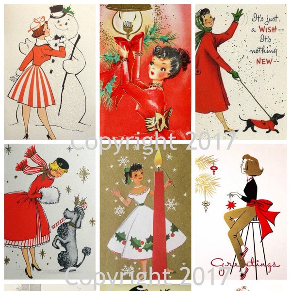 Printable Circa 1950's Retro Winter Christmas Card Images Collage Sheet.  Instant Digital Download, Scrapbook Embellishments