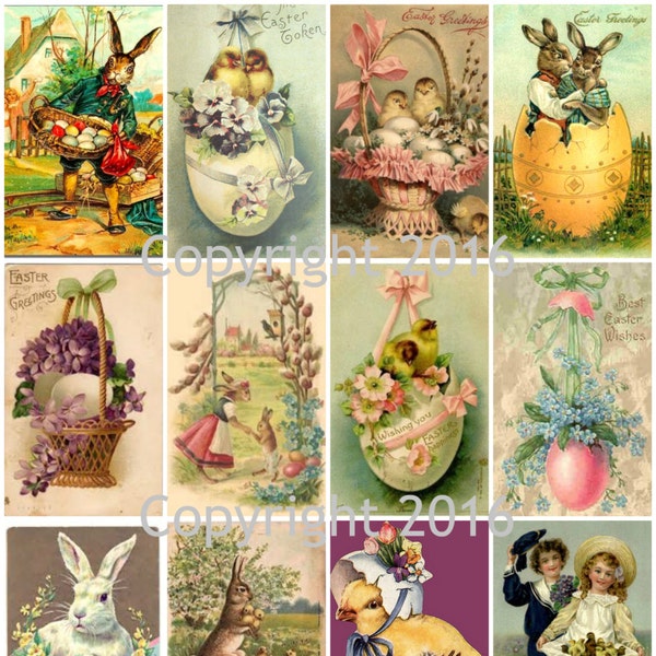 Hoja de collage de tarjetas de Pascua victorianas imprimibles. #103 Descarga digital instantánea, Huevos de Pascua, Conejos de Pascua, Conejitos, Scrapbooking