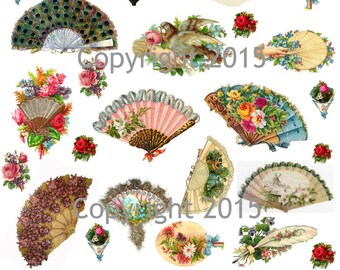 Vintage Victorian Fans Printable Collage Sheet Instant Digital Download,  for Decoupae, Altered Art, Scrapbook Embellishments JPG and PDF