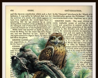 Vintage Art Print "Owl  on Ephemera" Wall Decor Instant Digital Download, Unframed,  JPG and PDF 8.5 x 11