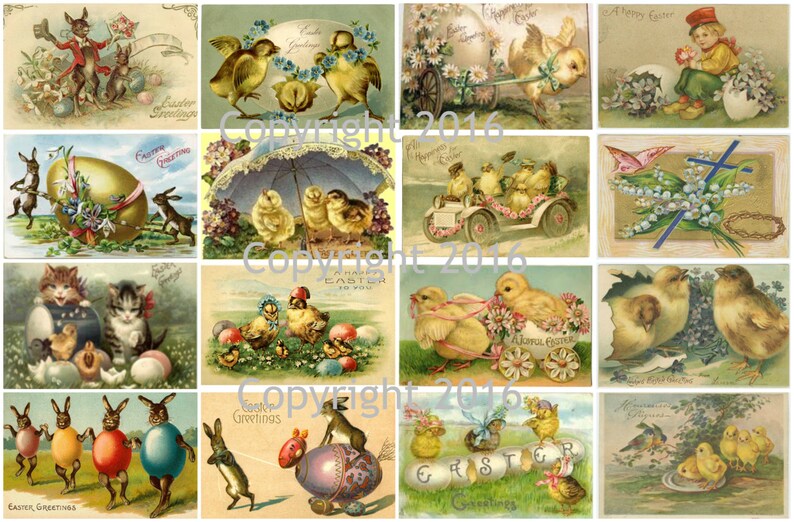 Printable Victorian Easter Cards Collage Sheet. 104 Instant Digital Download, Easter Eggs, Easter Rabbits, Bunnies, Scrapbooking image 1