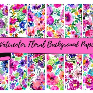 12 Watercolor  Flowers 2  Background Sheets of 12 x 12&quot; JPG Digital Background Papers , Scrapbooking, Junk Journals, Card Making