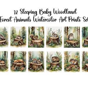 Set di 12 stampe artistiche da parete per la cameretta dei bambini &quot;Animali della foresta addormentati nel bosco Set 1&quot;, animali della foresta, download immediato, uso commerciale