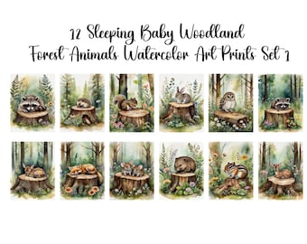 Set of 12 "Woodland Forest Sleeping Baby Animals Set 1"  Printable  Nursery Wall Art Prints, Forest Animal, Instant Download, Commercial Use
