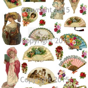 Vintage Victorian Fans and Flowers Collage Sheet Instant Digital Download,  for Decoupae, Altered Art, Scrapbook Embellishments JPG and PDF