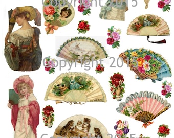 May include: A digital collage of vintage images featuring fans, flowers, and children. The images are in a variety of colors, including pink, blue, green, and yellow. The collage is perfect for scrapbooking, card making, or other craft projects.