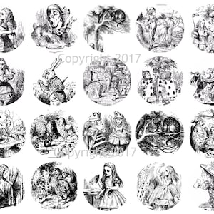 Printable Vintage Alice in Wonderland Circles Illustrations by John Tenniel Collage Sheet .  Instant Digital Download