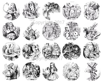 Printable Vintage Alice in Wonderland Circles Illustrations by John Tenniel Collage Sheet .  Instant Digital Download