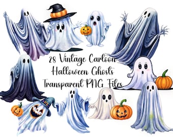 28 Vintage Cartoon Halloween Ghosts Clip Art, Transparent PNG Files Instant Download for Scrapbooking, Art, Graphic Design Clipart