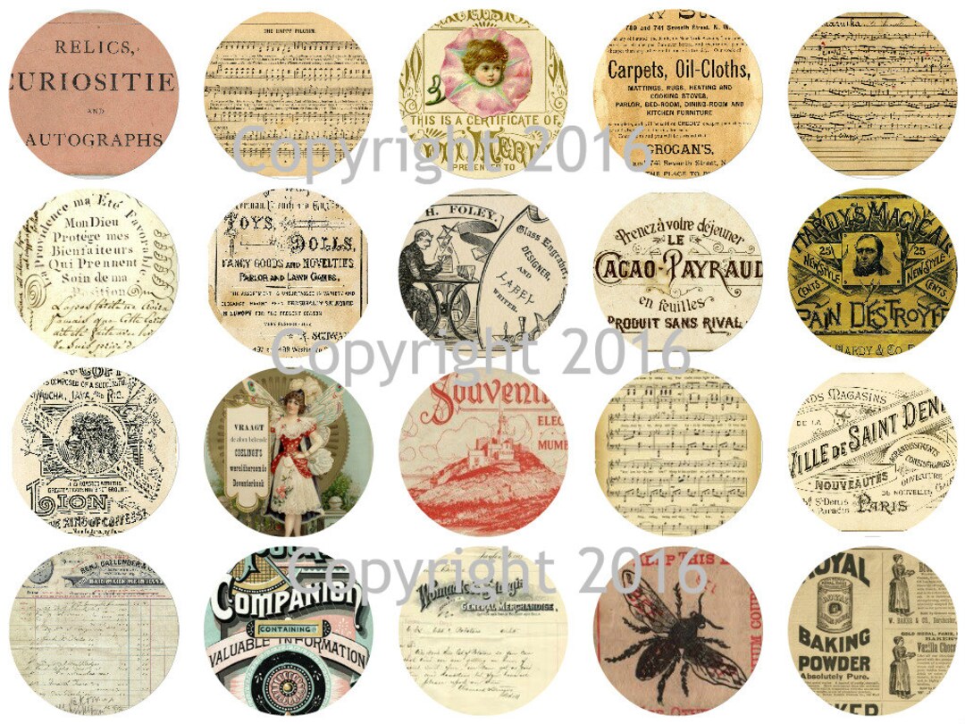 Printable Vintage Ephemera Circles Labels Collage Sheet Instant Digital ...