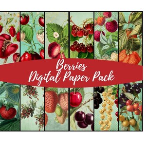 Berries Digital Paper Pack / 12 fogli di carte di sfondo JPG da 12 x 12" per scrapbooking, giornali di carta, creazione di carte, collage floreale
