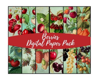 Bessen digitaal papierpakket / 12 vellen van 12 x 12 " JPG achtergrondpapier voor scrapbooking, junk journals, kaart maken, bloemencollage