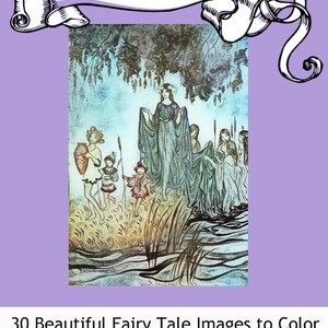 May include: A black and white illustration of a fairy tale scene with a group of fairies in a forest setting. The fairies are wearing long flowing gowns and have wings. The scene is surrounded by trees and flowers. The text "Color Me Calm" is at the top of the image.
