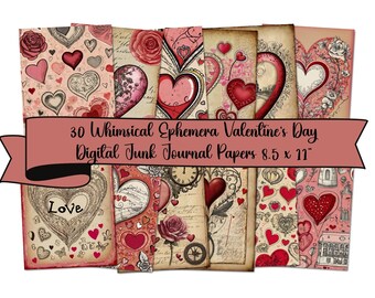 May include: 30 digital papers for junk journaling with a Valentine's Day theme. The papers feature a variety of vintage-inspired designs with hearts, flowers, and other romantic elements. The papers are 8.5 inches by 11 inches.