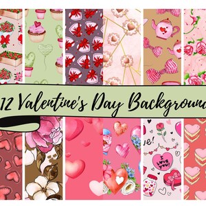 12 Valentine&#39;s Day Background Sheets of 12 x 12&quot; JPG Digital Background Papers for Scrapbooking, Junk Journals, Card Making,  Collage Etc.
