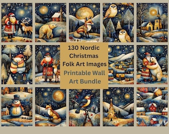 130 Nordic Folk Art Christmas Wall Art Bundle – Digital Prints | Scandinavian Holiday Decor | Christmas Posters JPG Download, Commercial Use