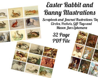 Easter Bunny and Rabbit Vintage Illustrations 1 Journal / Scrapbook Digital Images, Vintage Art, Instant Download, Digital Collage, Journals