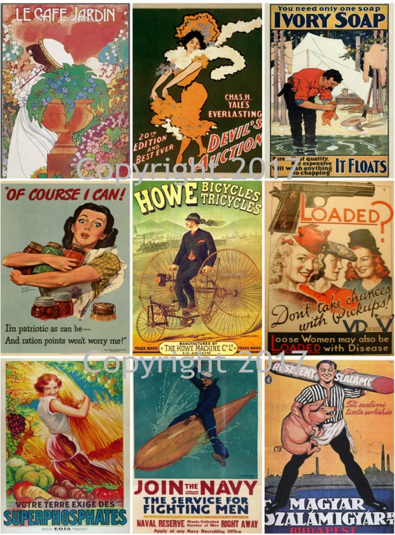 Labels Altered Art Scrapbooking Vintage Ad Posters Collage Sheet 102 for Scrapbooking ATC Cards Decoupage