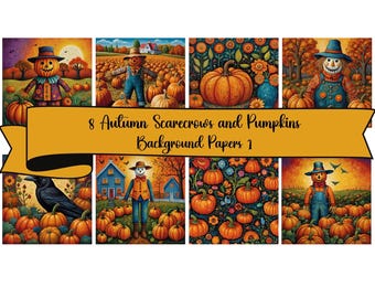 Könnte beinhalten: Acht digitale Papierdesigns mit Vogelscheuchen und Kürbissen im Herbst-Ernte-Thema. Die Papiere sind perfekt für Scrapbooking, Kartenherstellung und andere Bastelprojekte.