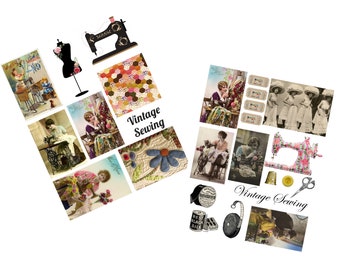Set of 2 Pages Sewing  Journal Tags, for ATC Cards, Altered Art, Scrapbooking, Card Making Instant  Download JPG and PDF 8.5 x 11"