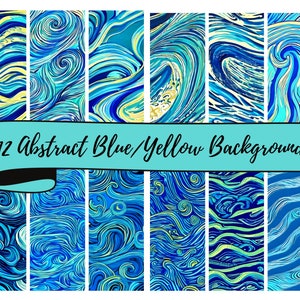 12 Abstract Blue and Yellow Background Sheets of 12 x 12&quot; JPG Digital Background Papers , Scrapbooking, Junk Journals, Card Making,  Collage