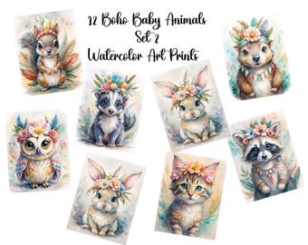 Set of 12 Boho  Baby Animals Wall Art  Set 2 – Printable Baby Nursery Wall Decor | Digital Download I Jungle Nursery Decor | Commercial Use