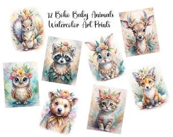 Set of 12 Boho  Baby Animals Wall Art  Set 1 – Printable Baby Nursery Wall Decor | Digital Download I Jungle Nursery Decor | Commercial Use