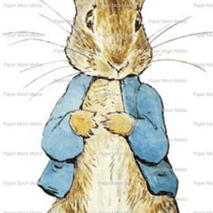 May include: A watercolour illustration of a brown rabbit wearing a blue jacket. The rabbit has long ears and is standing with its paws crossed in front of it. The rabbit is looking directly at the viewer.