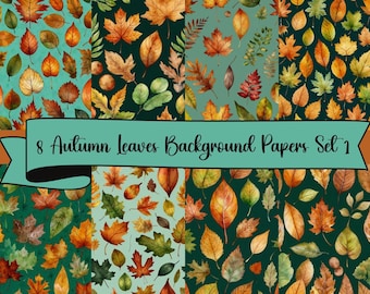 8  Watercolor Autumn Leaves Background Sheets, Set 1, JPG Digital Background Papers , Scrapbooking, Junk Journals, Card Making