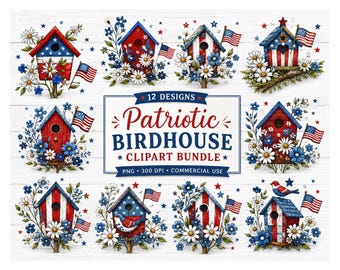 12 patriotiska fågelholkar clipart-paket – Americana-designer med blommor, flaggor och sommarbondgårdsgrafik för direktnedladdning av PNG-filer