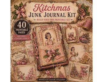 40-Page Kitchmas Junk Journal Kit — Retro 1950s Christmas Printable, Pink & Chocolate Ephemera,  | PDF Digital Download