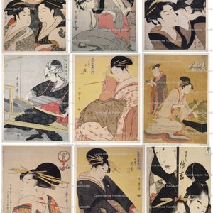 VINTAGE Japanese  Woodcuts by Kitagawa Utamaro Collage Sheet 101 Instant Digital Download