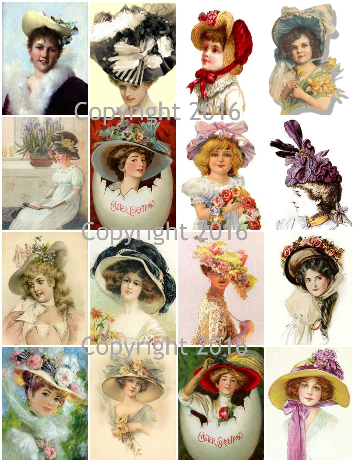 Printable Victorian Easter Bonnets Art Images Collage Sheet Instant Digital Download, Easter Scrapbooking, Altered Art