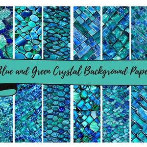 12 grüne und blaue Crystal Design Hintergrundblätter mit 12 x 12" JPG digitalen Hintergrundpapieren, Scrapbooking, Junk Journals, Kartenherstellung