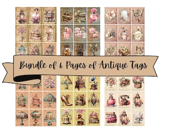 Set of 6  Antique Design Tags Collage Sheets, Design Image Sheets, Labels, ATC Cards, Instant Digital Download