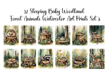 Set of 12 "Woodland Forest Sleeping Baby Animals Set 3"  Printable  Nursery Wall Art Prints, Forest Animal, Instant Download, Commercial Use