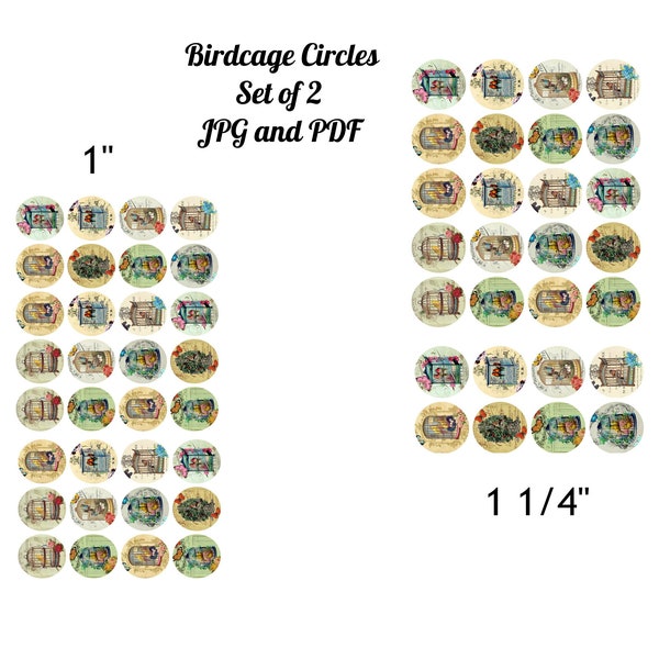 Set of 2 Sheets 1" and 1 1/4"  Vintage  Birdcages Collage Sheet Circles Instant Digital Download   JPG and PDF