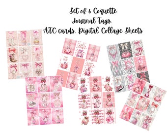 Set of 6  Pink Coquette Tags Collage Sheets , Design Image Sheets For Decoupage, Labels, ATC Cards,   Instant Digital Download