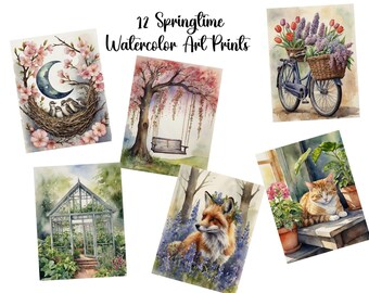 Set of 12 Watercolor Spring & Easter Art Prints Bundle Set 1 – Printable Seasonal Wall Decor | Digital Download I Commercial Use