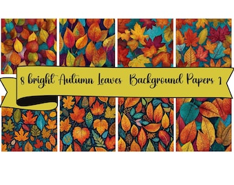8  Watercolor  Bright Autumn Leaves #1  Background Sheets,  JPG Digital Background Papers , Scrapbooking, Junk Journals, Card Making