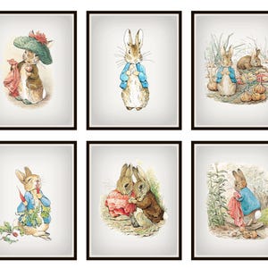 Puede incluir: Conjunto de seis ilustraciones vintage con Peter Rabbit en varias escenas. Las ilustraciones están en estilo acuarela y presentan a Peter Rabbit con una chaqueta azul, una chaqueta roja y una chaqueta verde. Las ilustraciones están sobre un fondo blanco.