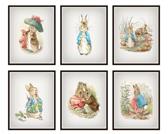 May include: Set of six vintage illustrations featuring Peter Rabbit in various scenes. The illustrations are in a watercolor style and feature Peter Rabbit in a blue jacket, a red jacket, and a green jacket. The illustrations are set against a white background.