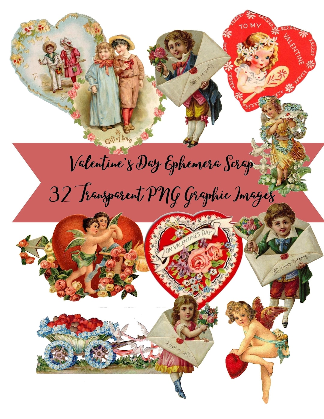 32 Vintage Victorian Valentine's Day Ephemera Scrap Images Clip Art