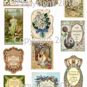 May include: A collection of vintage French perfume and soap labels with ornate borders and floral designs. The labels feature text in French, including the names of the products and the manufacturers. Some labels feature images of flowers, women, and peacocks.
