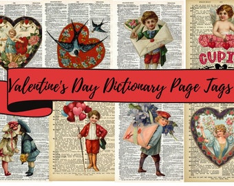 4 Valentine's Day Dictionary Page Digital Collage Sheet Tags for Altered Art, Scrapbooking, Cards, Instant Digital Download JPG and PDF